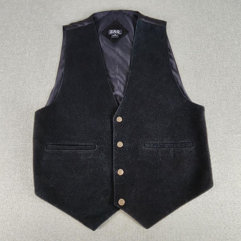 Vintage ZAQ‎ Black Suede Leather Vest Mens Medium Metal Button Waistcoat Western